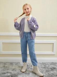 SHEIN Tween Girl Drop Shoulder Appliques Cardigan - Mauve Purple - View 5