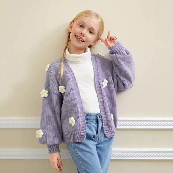 

Girls Drop Shoulder Appliques Open Front Cardigan, Mauve purple