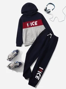 SHEIN Tween Boy Letter Graphic Cut And Sew Hoodie & Sweatpants