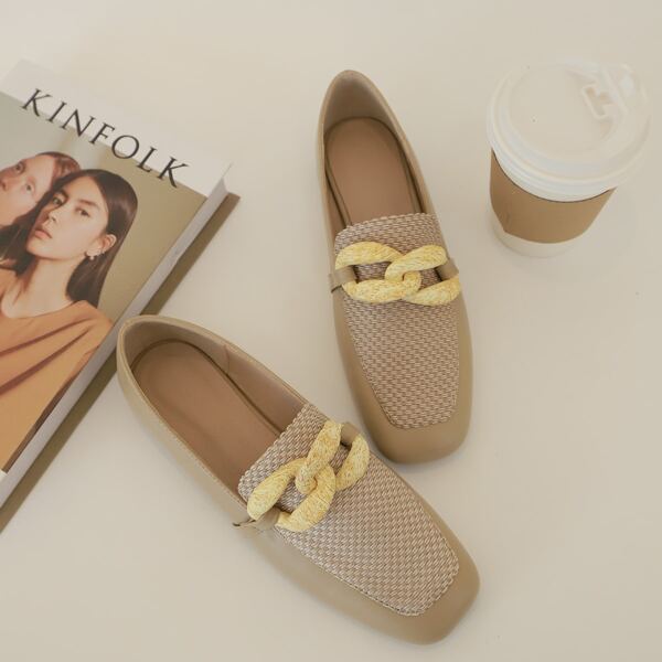 

Chain Decor Square Toe Flat Loafers, Apricot