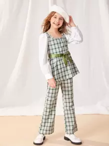 SHEIN Girls Plaid Belted Top & Flare Leg Trousers - Multicolor - View 1