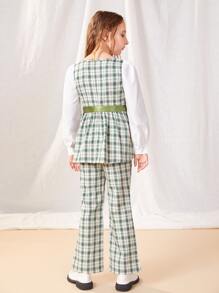 SHEIN Girls Plaid Belted Top & Flare Leg Trousers - Multicolor - View 2