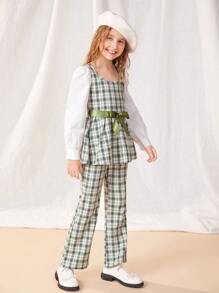 SHEIN Girls Plaid Belted Top & Flare Leg Trousers - Multicolor - View 3