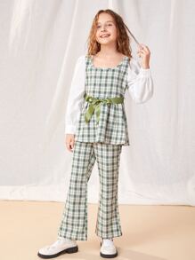 SHEIN Girls Plaid Belted Top & Flare Leg Trousers - Multicolor - View 5