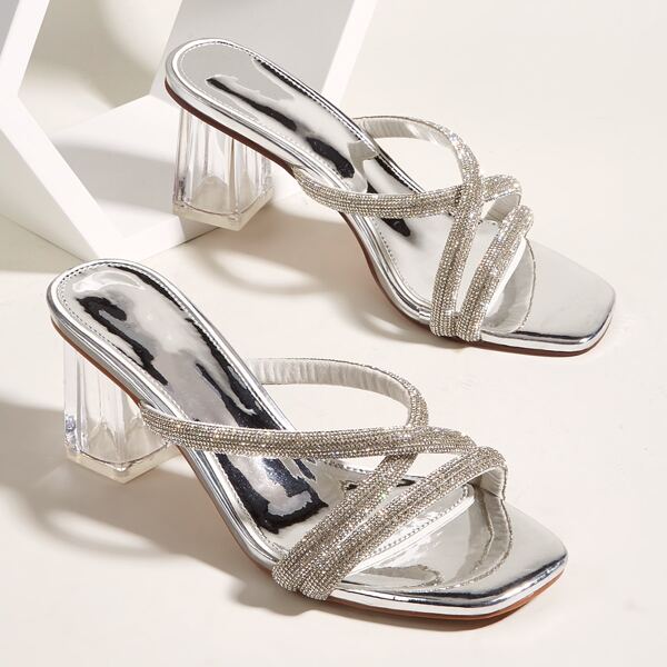 

Rhinestone Decor Chunky Heeled Sandal Mules, Silver