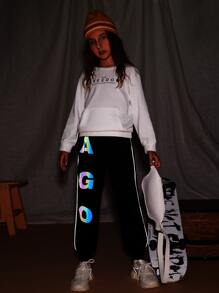 SHEIN Girls Reflective Letter Graphic Contrast Piping Joggers - Black - View 1