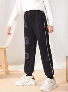SHEIN Girls Reflective Letter Graphic Contrast Piping Joggers - Black - View 3