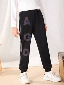 SHEIN Girls Reflective Letter Graphic Contrast Piping Joggers - Black - View 4