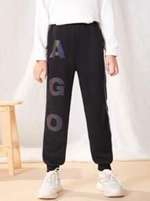 SHEIN Girls Reflective Letter Graphic Contrast Piping Joggers - Black - View 6