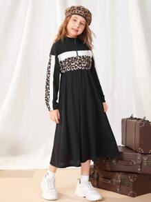 SHEIN Niñas Vestido con estampado de leopardo de color combinado de hombros caídos - Multicolor - Ver 2