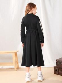 SHEIN Niñas Vestido con estampado de leopardo de color combinado de hombros caídos - Multicolor - Ver 3