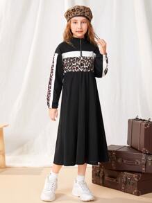 SHEIN Niñas Vestido con estampado de leopardo de color combinado de hombros caídos - Multicolor - Ver 4