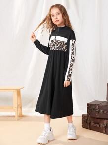 SHEIN Niñas Vestido con estampado de leopardo de color combinado de hombros caídos - Multicolor - Ver 5