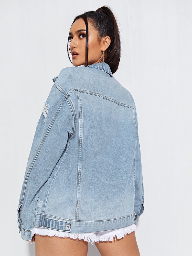 Ripped Flap Pocket Denim Jacket - Light Wash - View 2