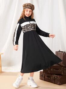 SHEIN Niñas Vestido con estampado de leopardo de color combinado de hombros caídos - Multicolor - Ver 6