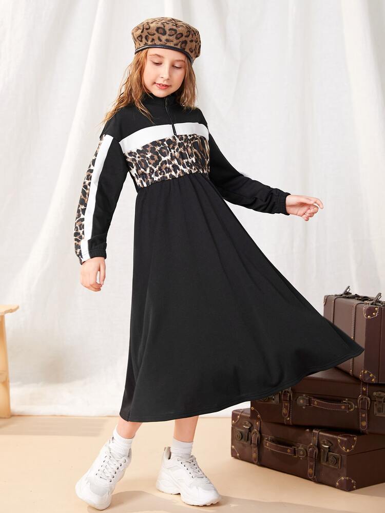 SHEIN 女孩豹紋印花撞色落肩袖洋裝 - 彩色 - 查看 6