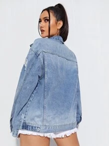 SHEIN ICON Ripped Detail Drop Shoulder Denim Jacket - Light Wash - View 2