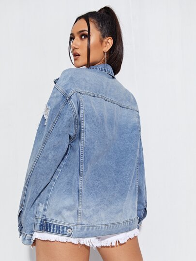 SHEIN ICON Ripped Detail Drop Shoulder Denim Jacket