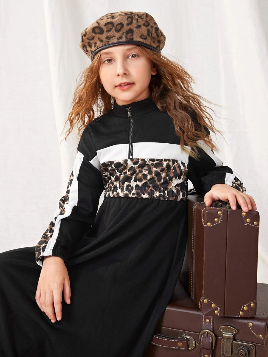 SHEIN Niñas Vestido con estampado de leopardo de color combinado de hombros caídos - Multicolor - Ver 1