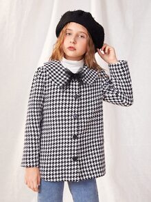 SHEIN 女孩千鳥格網紗前蝴蝶結粗花呢花呢外套 - 黑與白 - 查看 1