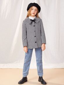 SHEIN 女孩千鳥格網紗前蝴蝶結粗花呢花呢外套 - 黑與白 - 查看 3