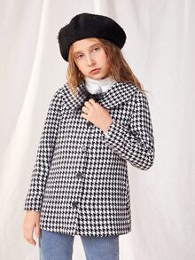 SHEIN 女孩千鳥格網紗前蝴蝶結粗花呢花呢外套 - 黑與白 - 查看 4