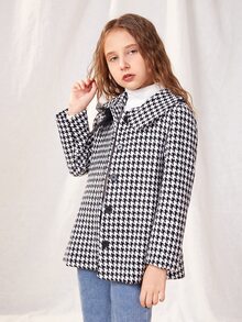 SHEIN 女孩千鳥格網紗前蝴蝶結粗花呢花呢外套 - 黑與白 - 查看 5