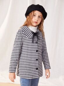 SHEIN 女孩千鳥格網紗前蝴蝶結粗花呢花呢外套 - 黑與白 - 查看 6