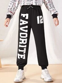 SHEIN Girls Letter Graphic Bow Front Joggers - Black - View 1