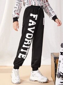 SHEIN Girls Letter Graphic Bow Front Joggers - Black - View 4