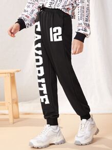 SHEIN Girls Letter Graphic Bow Front Joggers - Black - View 5