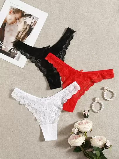 SHEIN 3 paquetes Conjunto de pantis con encaje y borde festoneado, lencería sexy