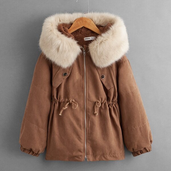 

Girls Zip Up Drawstring Waist Fuzzy Trim Hooded Teddy Lined Parka Coat, Coffee brown
