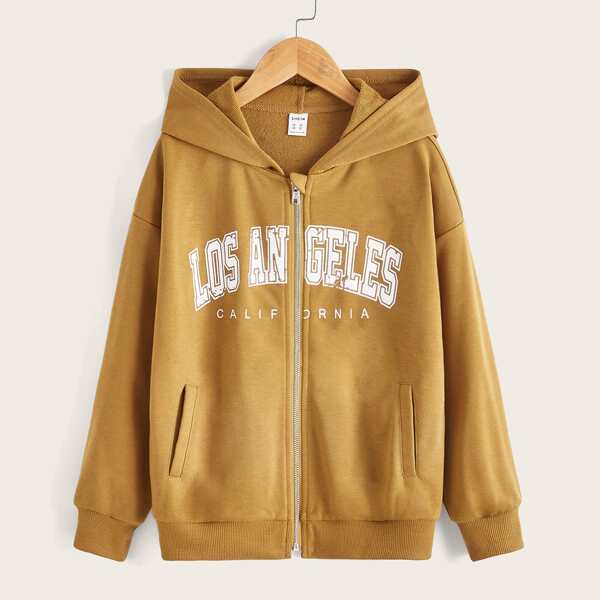 

Girls Zip Up Letter Graphic Drop Shoulder Hoodie, Brown