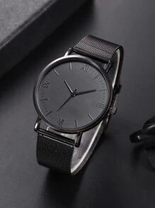 1pc Men Mesh Strap Round Pointer Quartz Watch & 1pc Bracelet As A Gift For Students Returning To School - Black - View 3