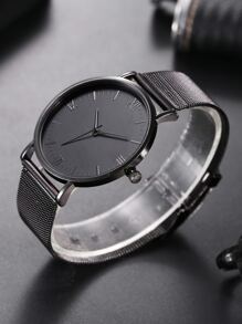 1pc Men Mesh Strap Round Pointer Quartz Watch & 1pc Bracelet As A Gift For Students Returning To School - Black - View 2