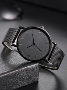 1pc Men Mesh Strap Round Pointer Quartz Watch & 1pc Bracelet As A Gift For Students Returning To School - Black - View 4