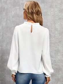 SHEIN Clasi 褶邊荷葉袖後鎖孔襯衫 - 白色 - 查看 2