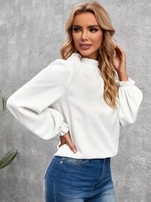 SHEIN Clasi 褶邊荷葉袖後鎖孔襯衫 - 白色 - 查看 3