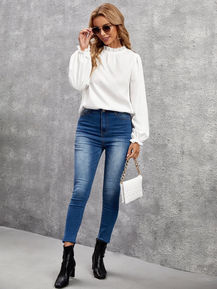 SHEIN Clasi 褶邊荷葉袖後鎖孔襯衫 - 白色 - 查看 1