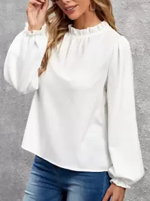 SHEIN Clasi 褶邊荷葉袖後鎖孔襯衫 - 白色 - 查看 5