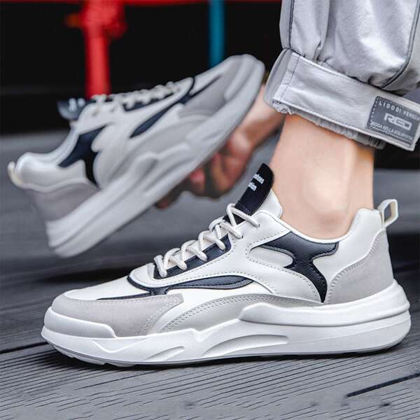 

Men Colorblock Lace-up Front Running Shoes, Beige
