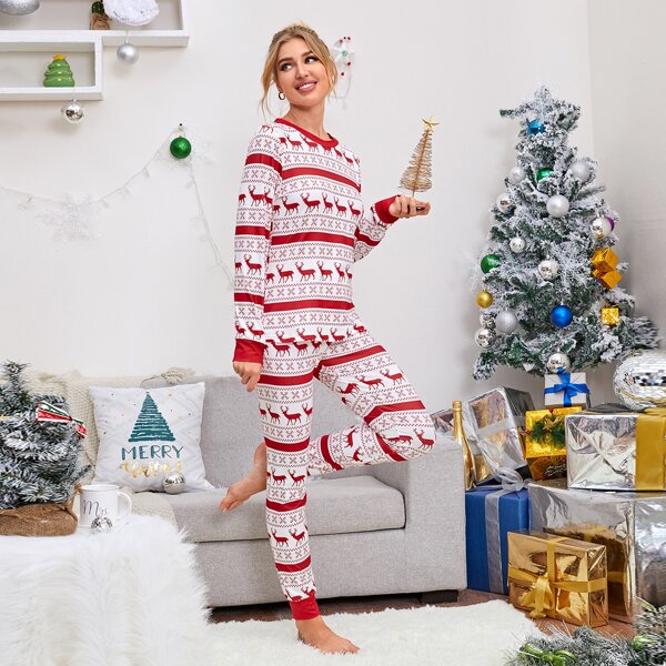 

Christmas Elk Pattern Flannel PJ Set, Red and white