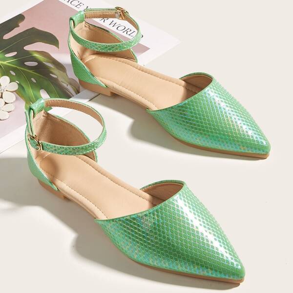 

Snakeskin Print Point Toe Ankle Strap Flats, Green