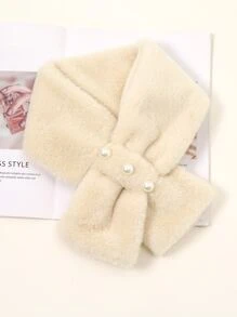 人造珍珠裝飾毛茸茸圍巾 - 米色 - 查看 1