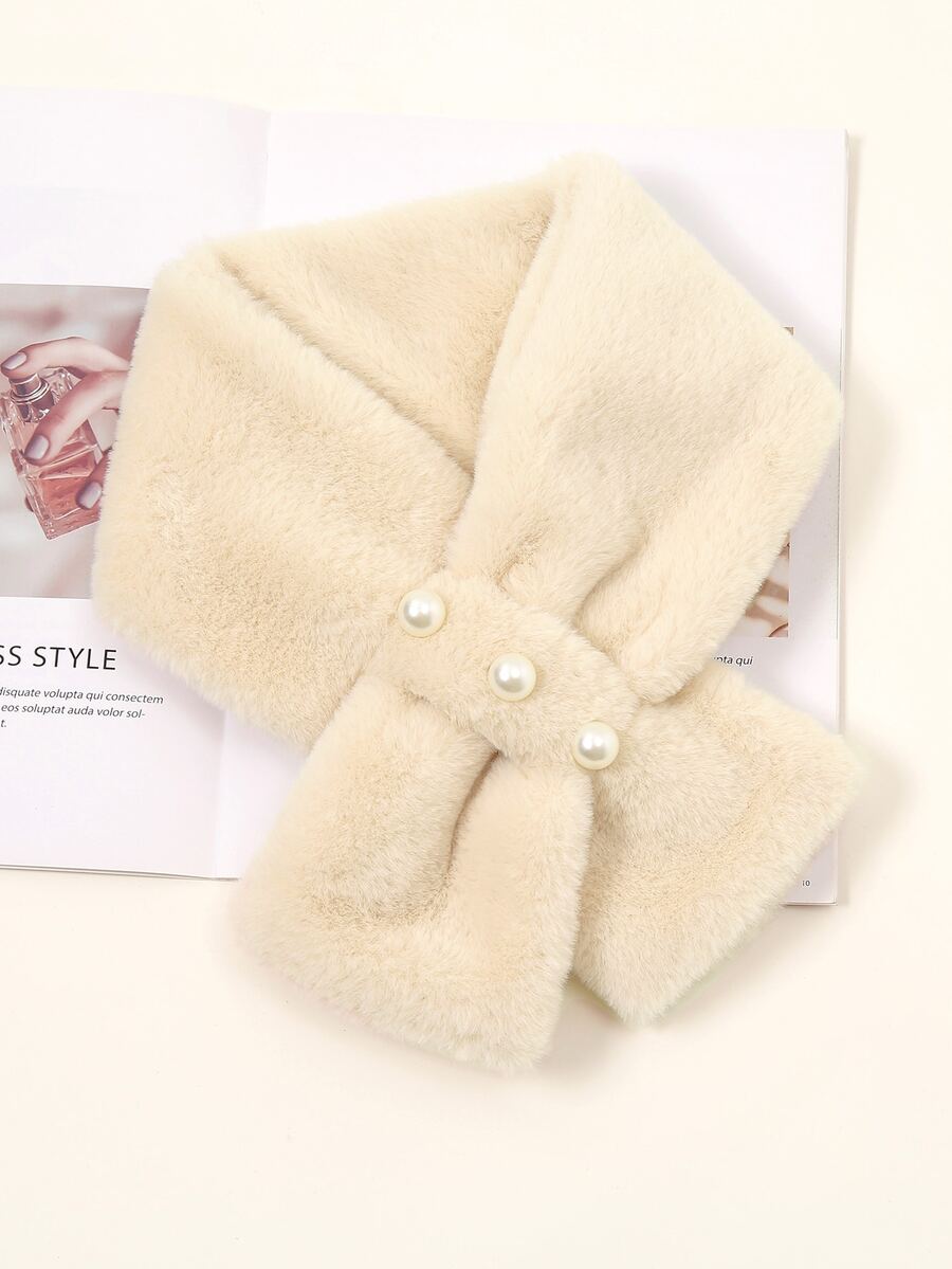 人造珍珠裝飾毛茸茸圍巾 - 米色 - 查看 1