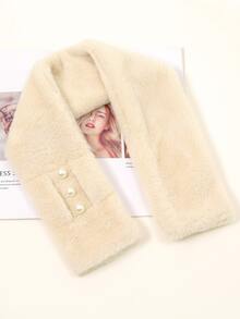 人造珍珠裝飾毛茸茸圍巾 - 米色 - 查看 2