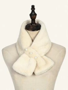 人造珍珠裝飾毛茸茸圍巾 - 米色 - 查看 4