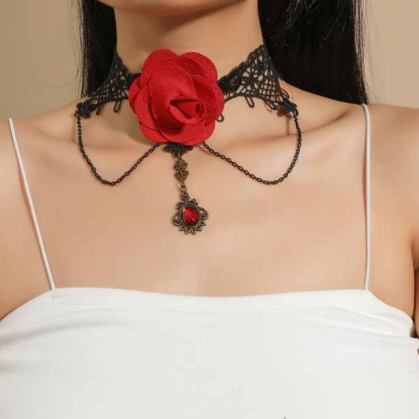 

Flower Decor Lace Choker, Black