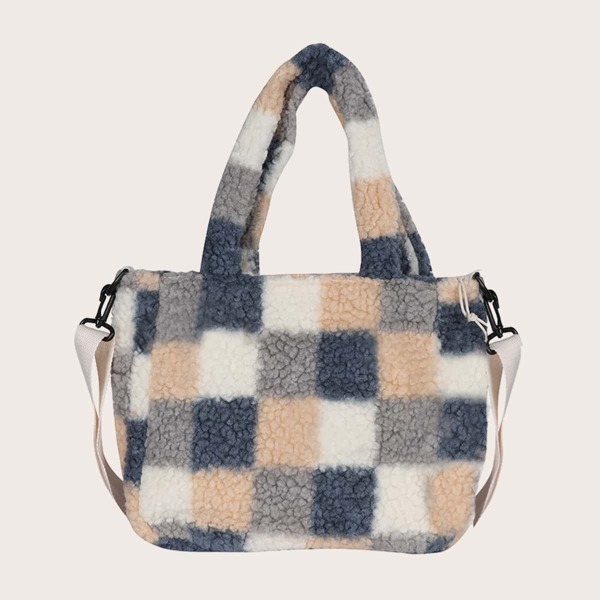 

Colorblock Plaid Pattern Fuzzy Top Handle Bag, Multicolor